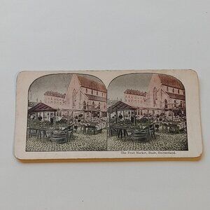 ANTIQUE STEREOGRAPH CARD Fruit Market BASLE Switzerland Colour Card